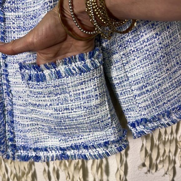 Tyler Boe Blue White Tweed Hook Front Blazer with Pockets size 6 - Picture 2 of 13